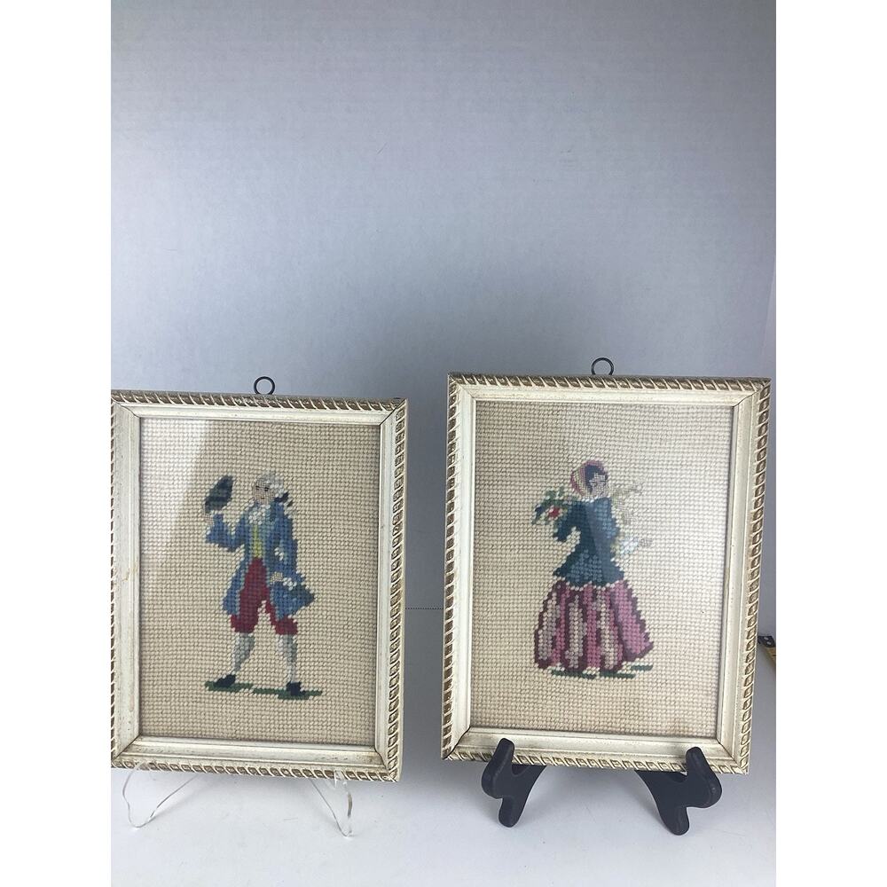 Lot of 2 Vintage 1950 Framed Needlepoints Man & Woman